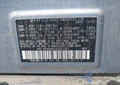 2013 Subaru Outback 2.5I Premium z USA, uszkodzony, nr VIN 4S4BRBGC0D3257363